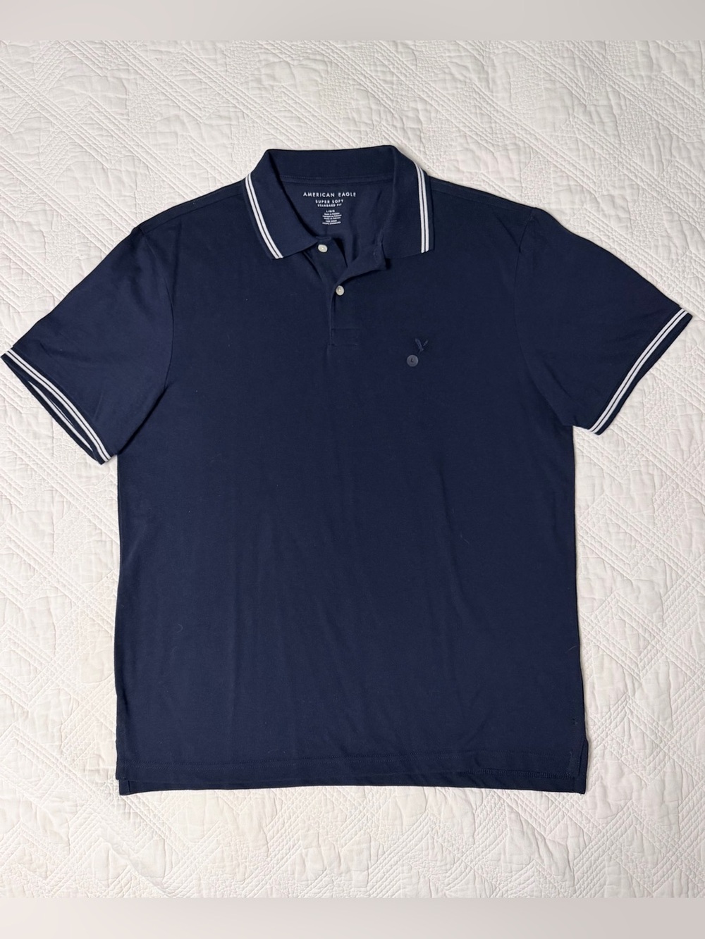 American Eagle Men’s Navy Pique Polo Shirt with White Trim Size Large